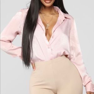 Silk oversize pink button up blush top